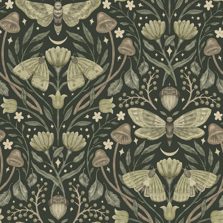 Mystic Moth Dark Green Forest Magic Wallpaper