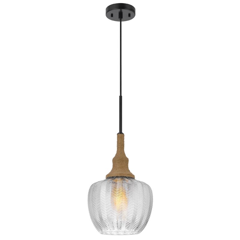 Pendant Light, Leaf Pattern Glass Shade, Burlap Rope Accent, Black Metal image number 2