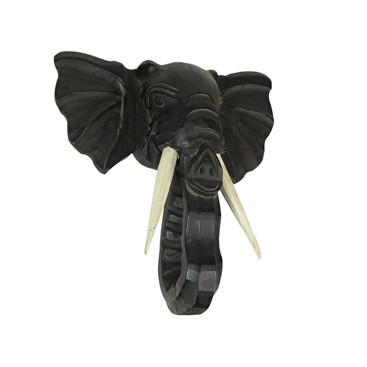 Hand Carved 12 Inch Black Elephant Head Wooden Wall Hanging Sculpture Safari Art