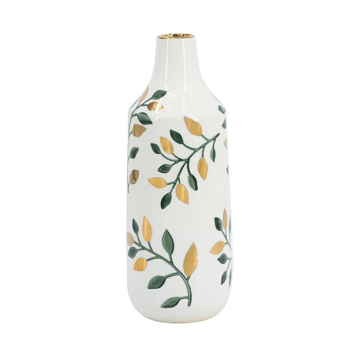 HomeRoots 12" White Green And Gold Floral Leaf Bud Ceramic Table Vase