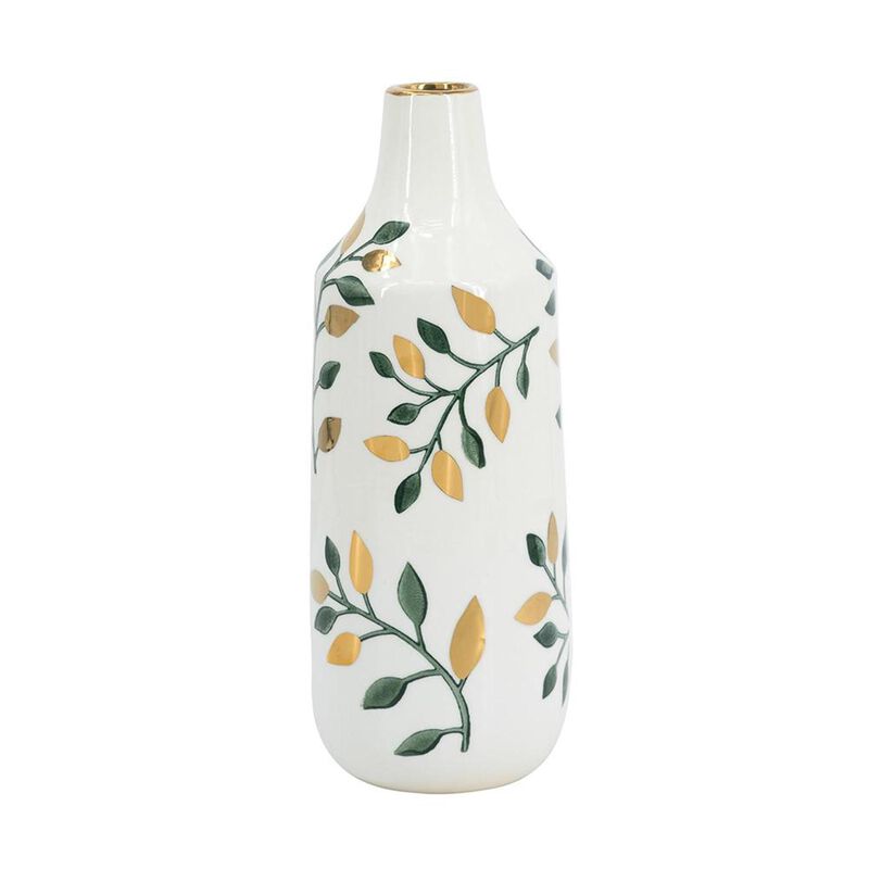 HomeRoots 12" White Green And Gold Floral Leaf Bud Ceramic Table Vase image number 0
