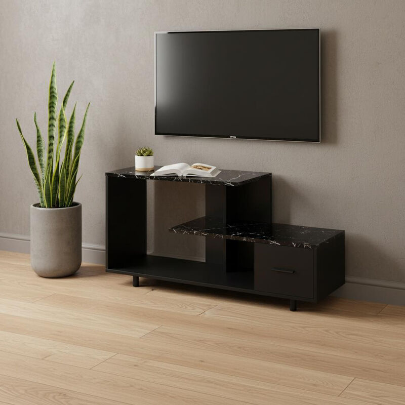HomeRoots 47" Black Cabinet Enclosed Storage TV Stand image number 1
