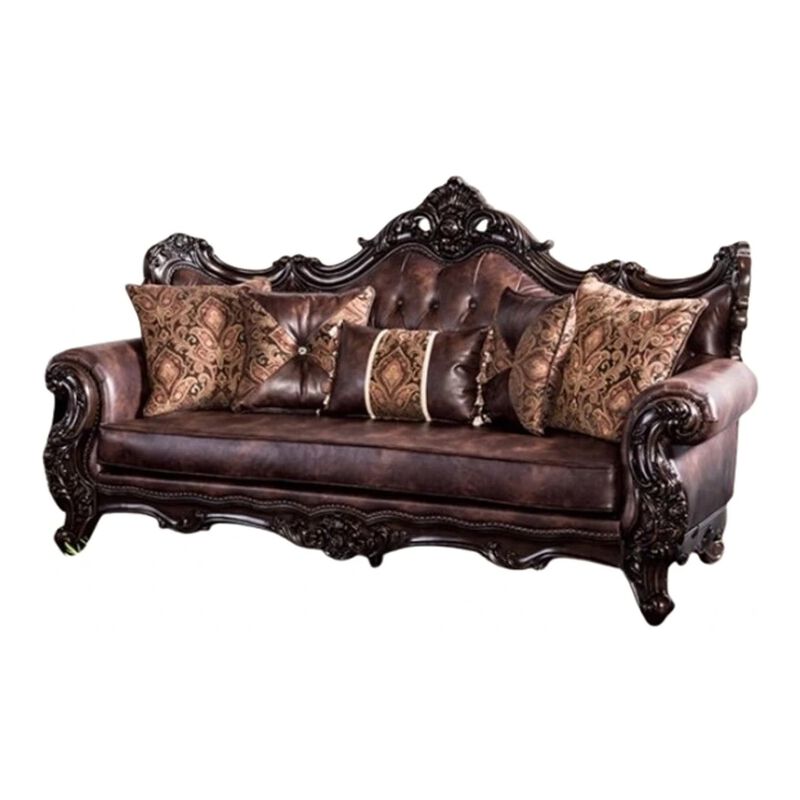 Puhi Sofa, Brown Faux Leather, Ornate Carved Dark Cherry Wood, 95 Inch image number 1