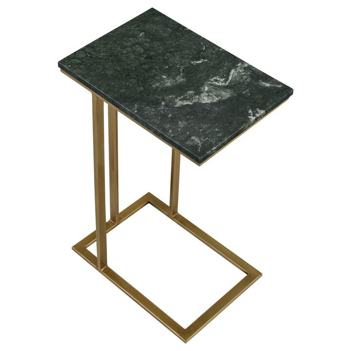 Enu 25 Inch Accent C Table, Marble Top, Gold Metal Cantilever Base, Gray - Benzara