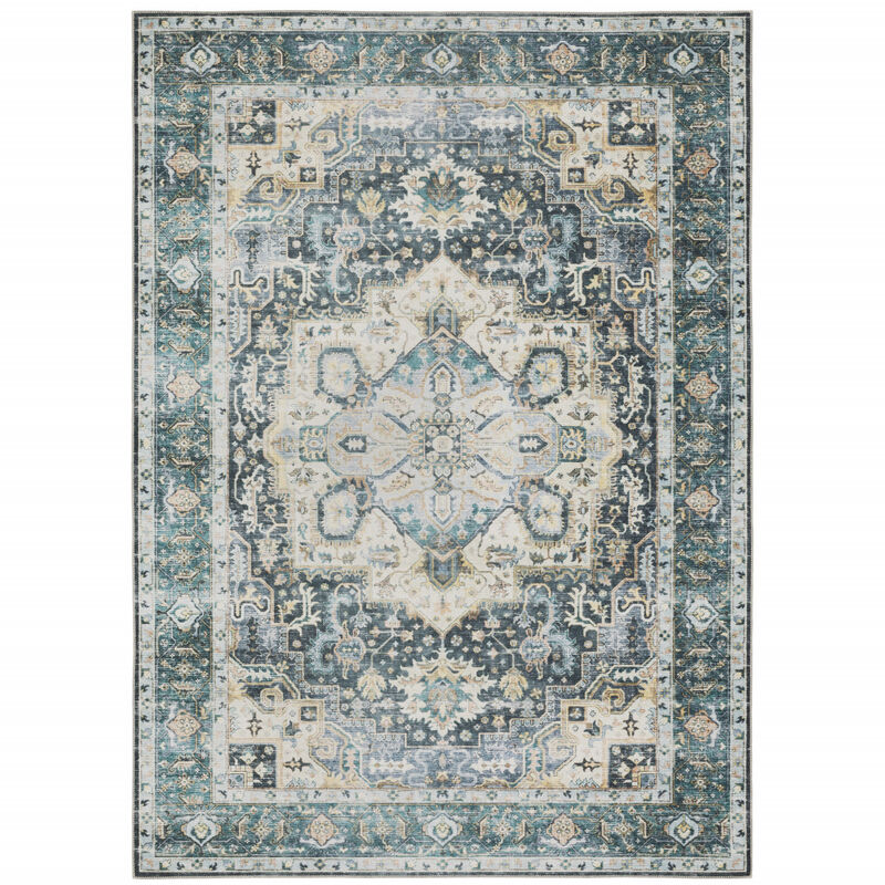 5 X 7 Blue Ivory Teal Brown And gold Oriental Printed Stain Resistant Non Skid Area Rug