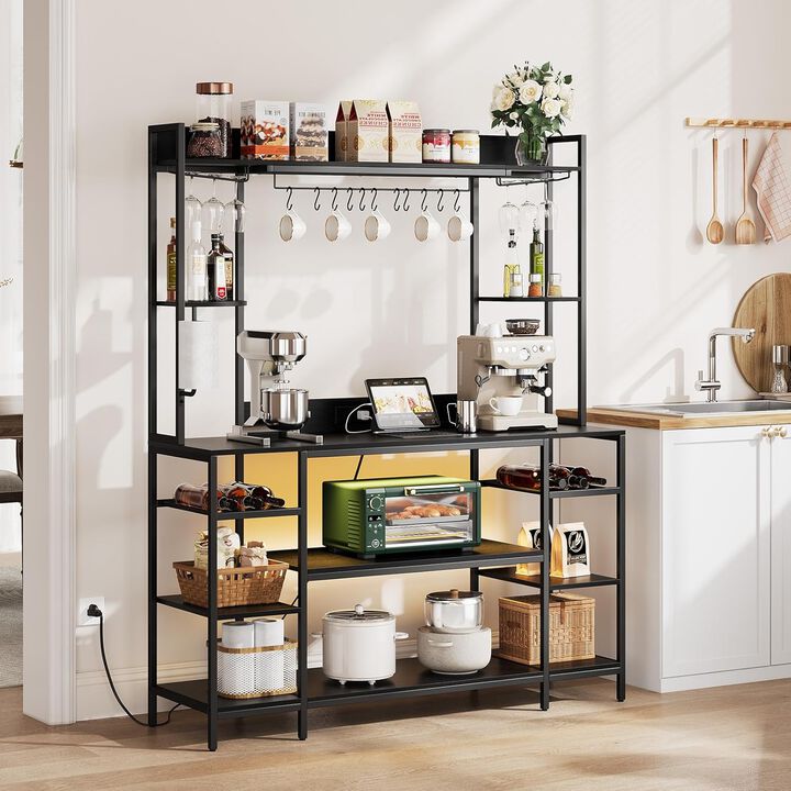 Large Bakers Rack with LED Lights & Power Outlet, 55" Wide Microwave Stand, 6-Tier Kitchen Racks and Shelves, Wine Glass Holder, 11 Hooks with App Control