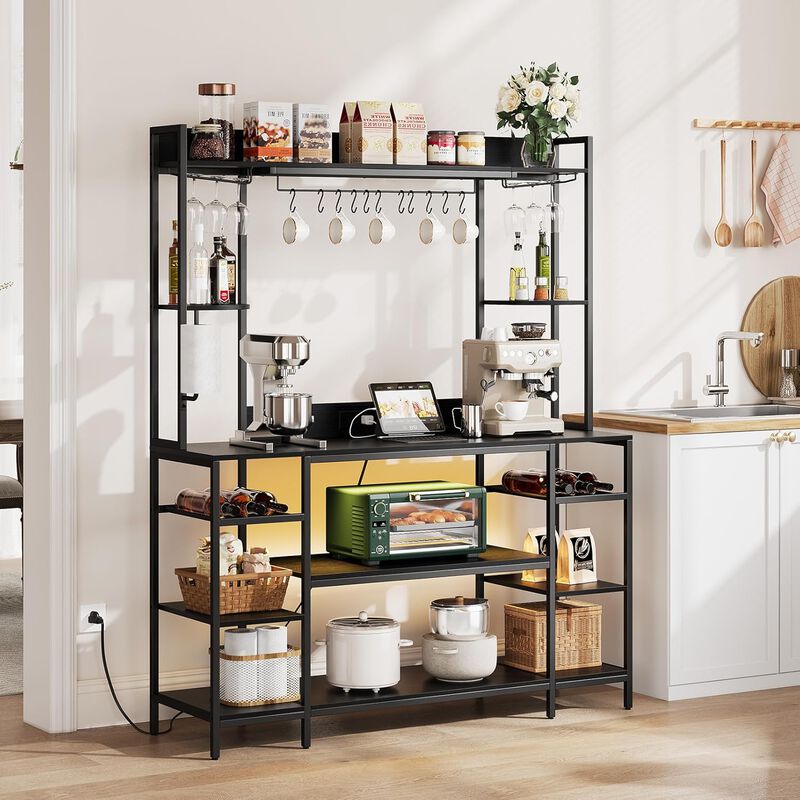 Large Bakers Rack with LED Lights & Power Outlet, 55" Wide Microwave Stand, 6-Tier Kitchen Racks and Shelves, Wine Glass Holder, 11 Hooks with App Control image number 1