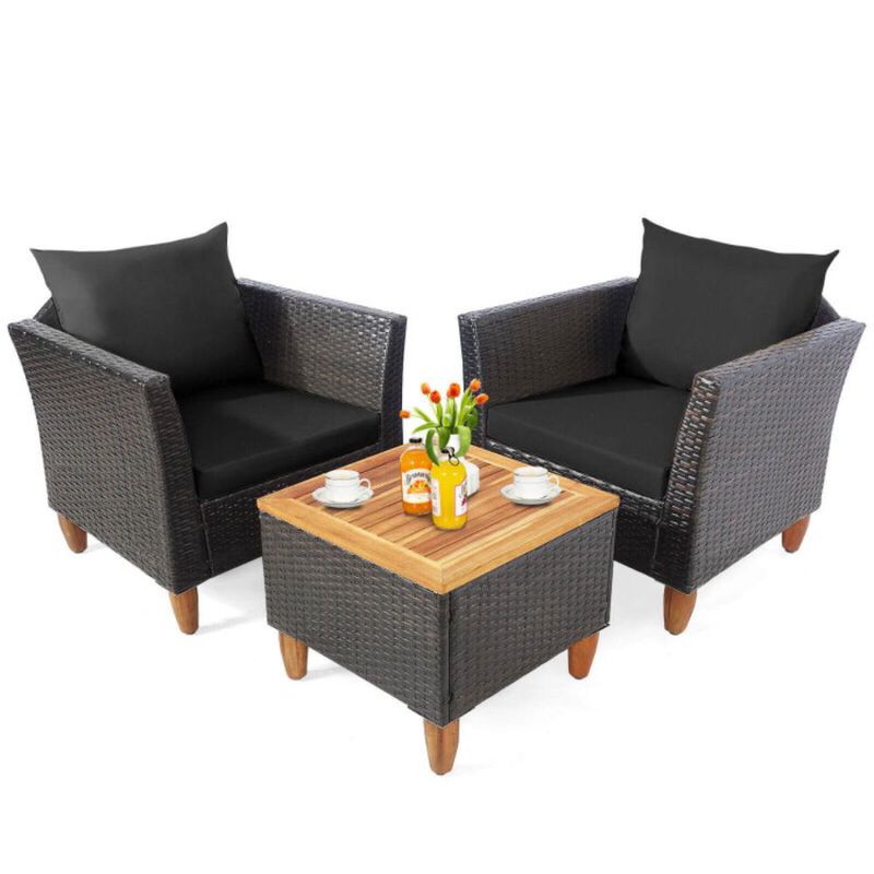 Hivvago 3 Pieces Patio Rattan Bistro Furniture Set with Wooden Table Top