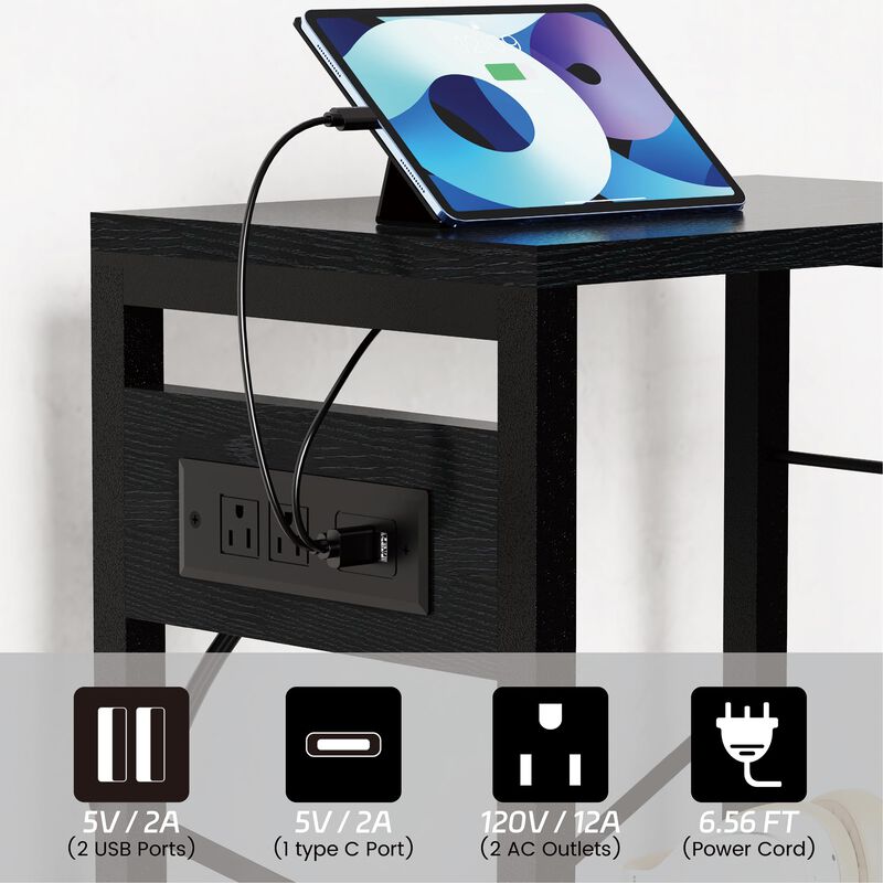 YAKANJ End Table with LED Light,Record Player Stand with Charging Station,Vinyl Records Storage,Turntable Stand Albums Storage f