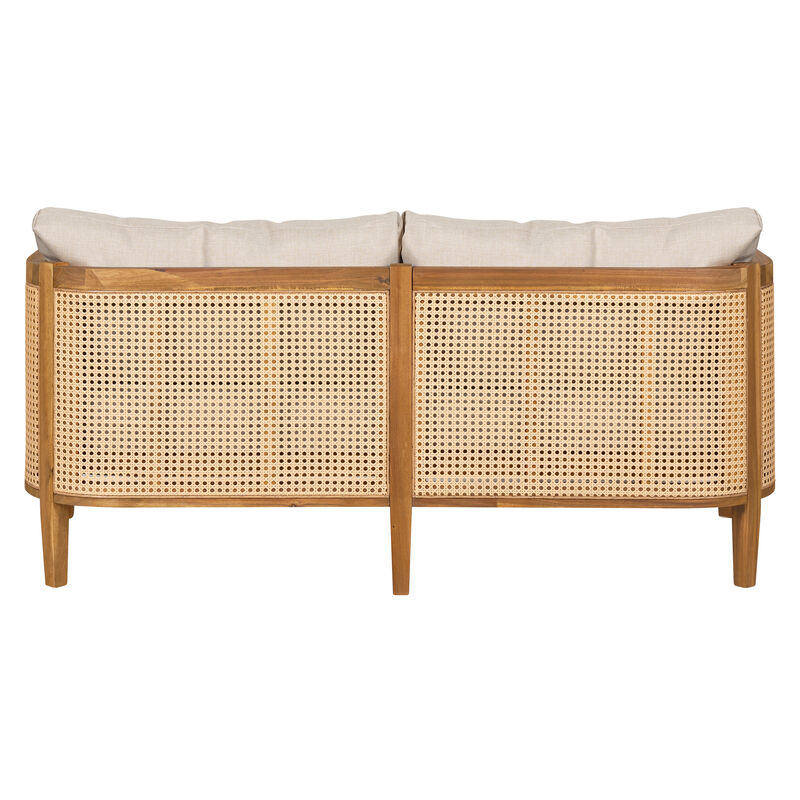 Christopher Knight Home Andrew 56" Patio Rustic Acacia Wood Upholstered Sofa with Rattan-Wrapped Frame