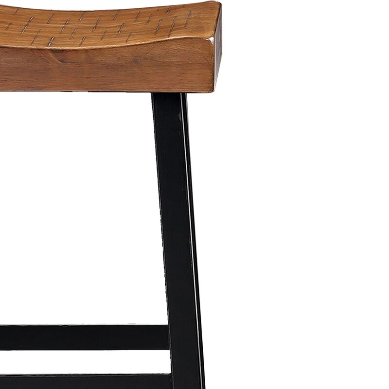 Bianca Barstool Set of 2, Light Brown Saddle Seat, Black Solid Wood - Benzara