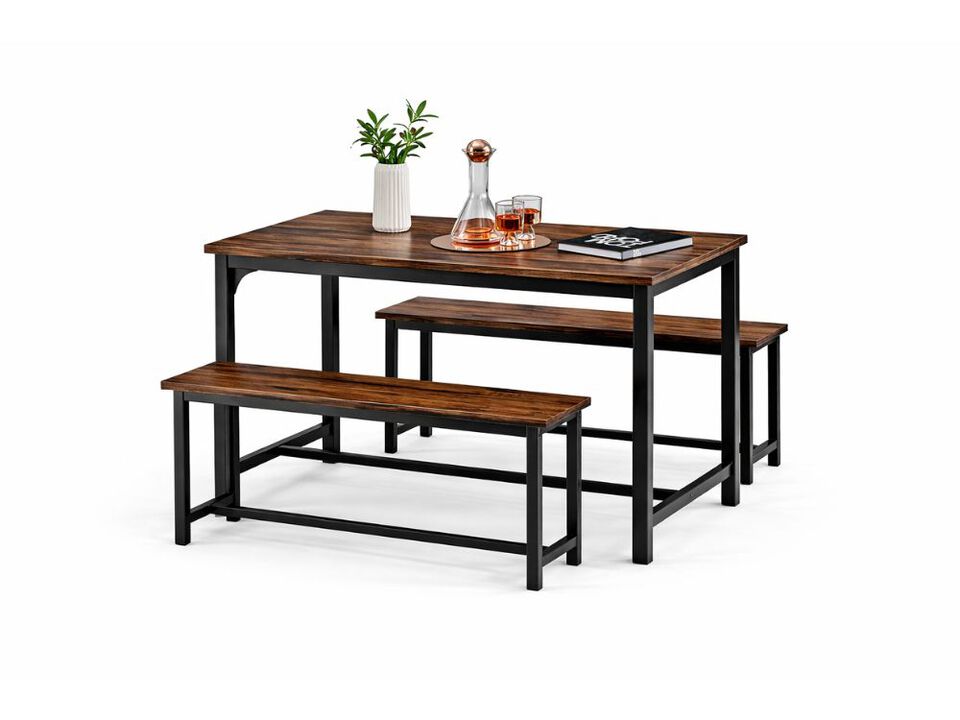 Dining Set &ndash; 3‑Piece 43.5" Solid Wood Table with 2 Benches, Metal Frame, Space‑Saving