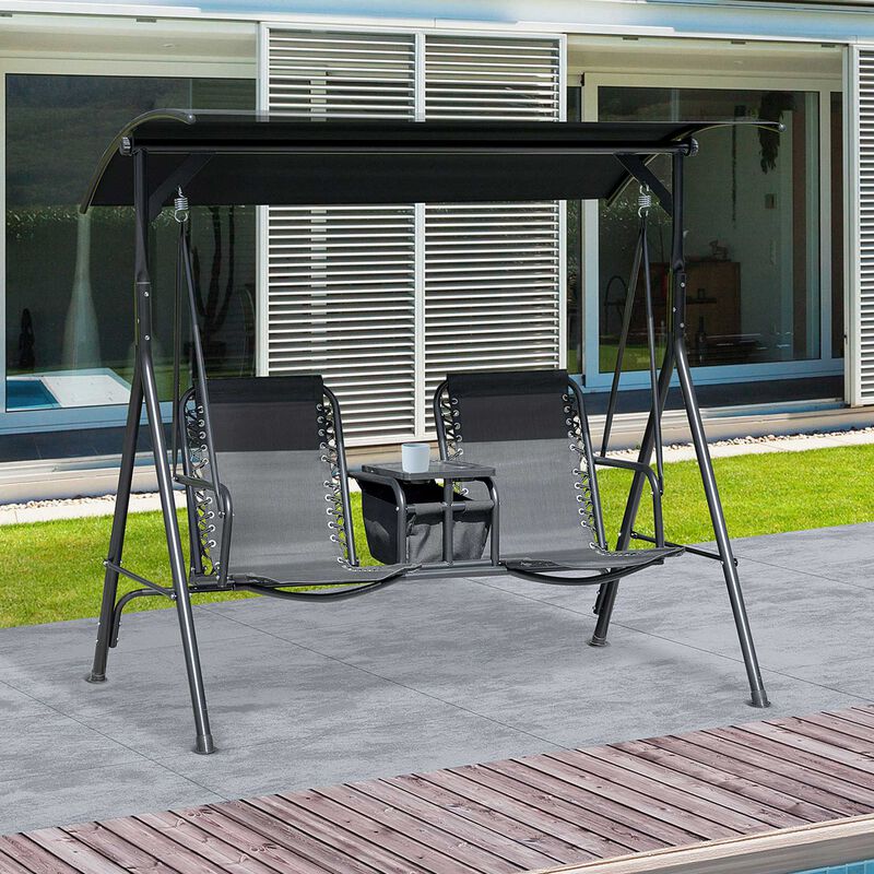 Outsunny 2 Person Porch Swing with Canopy, Covered Patio Swing with Pivot Storage Table, Cup Holder, & Adjustable Overhead Canopy, Black