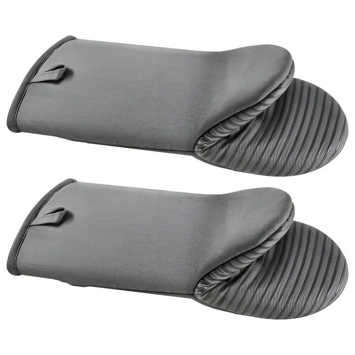 Lightweight Cotton Oven Mitts with Silicone Strips, Heat Resistant Baking Gloves, Set of 2 with Hooks-Grey