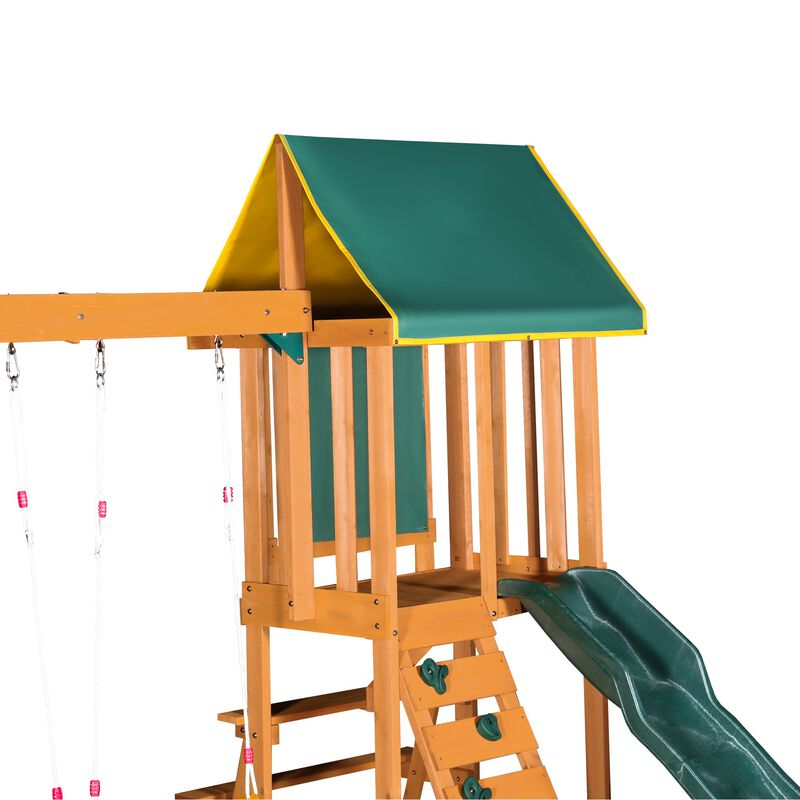 Mondawe Outdoor Cedarwood 3-in-1 Kids Playset Swing Set with Slide & Rock Wall, Adjustable Swings