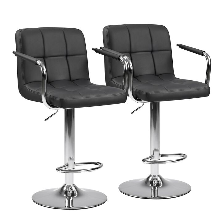 HomeRoots Set of Two Black and Silver Faux Leather and Aluminum Adjustable Height Swivel Bar Chairs