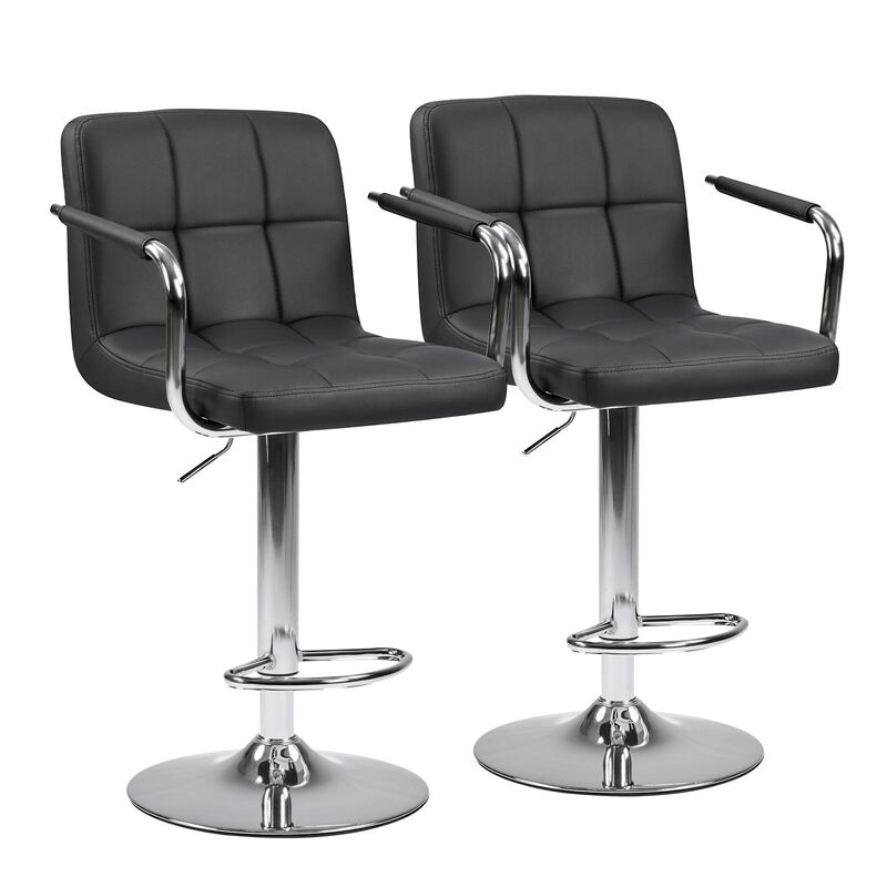 HomeRoots Set of Two Black and Silver Faux Leather and Aluminum Adjustable Height Swivel Bar Chairs image number 0