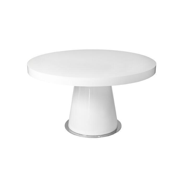 John Dining Table, 53 Inch Round Top, Modern Cone Base, White, Steel - Benzara