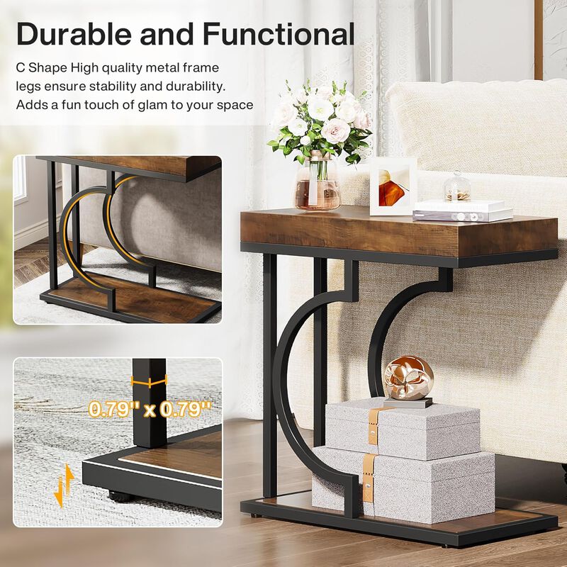 Tribesigns Narrow C Table, Modern End Table and Bedside Table with Metal Frame, Faux Marble Side Table for Living Room and Bedroom, Small Sofa Table, Brown and Black, Holds 22 lb image number 6