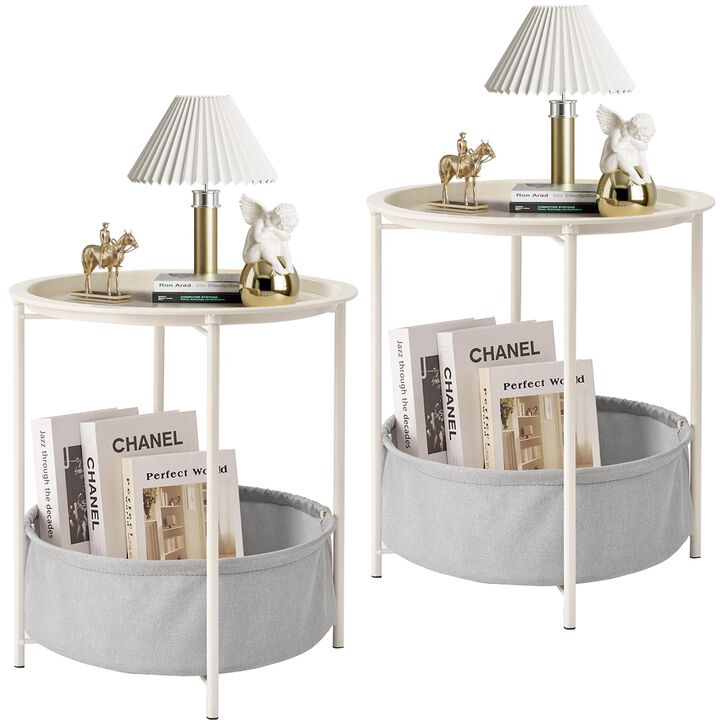 VECELO Round Side/End Table with Fabric Storage Basket
