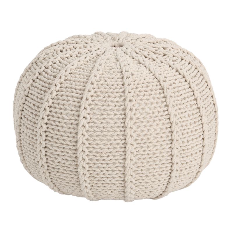 Round Knitted Pouf Ottoman, Handwoven Details, 20 Inch Beige Cotton - Benzara