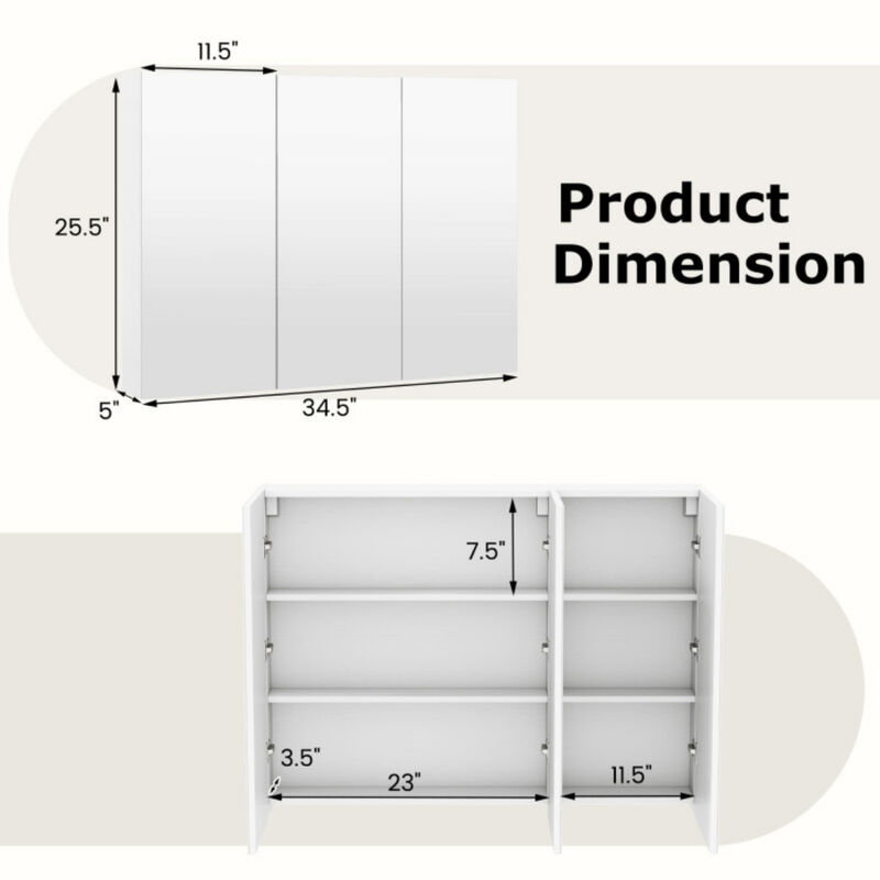 Frameless Bathroom Wall Mounted Mirror Cabinet with 3 Doors and Adjustable Shelves image number 2