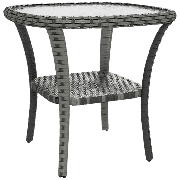 Outsunny Rattan Coffee Table with Storage Shelf, Wicker Side Table with Glass Top, Outdoor End Table for Garden, Porch, Backyard, Mix Gray