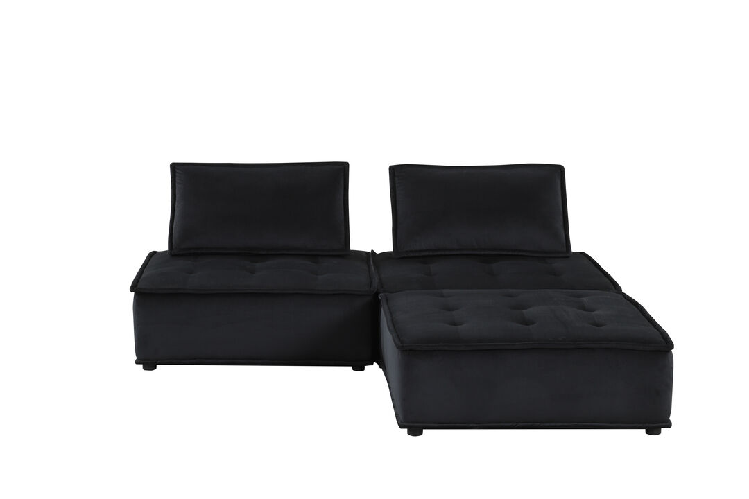 Streamdale Anna Black Velvet 3 Pc Sectional Sofa Ottoman