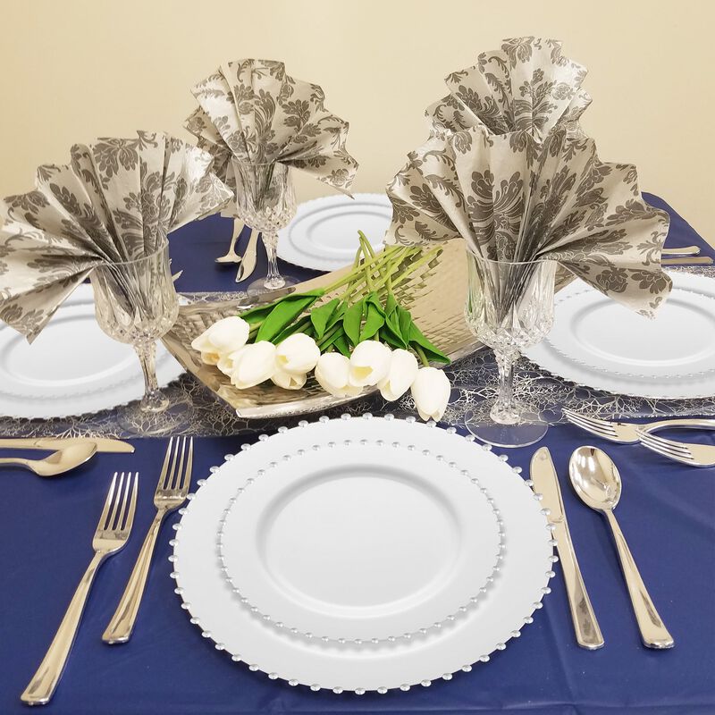 White with Silver Pearl String Round Plastic Dinnerware Value Set (60 Sets) image number 8