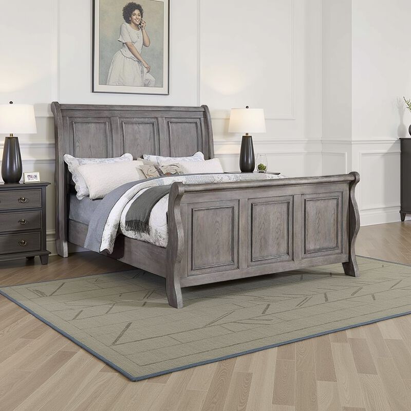 Demi King Size Bed, Sleigh Headboard, Tri Panel Molding, Oak Gray Wood - Benzara