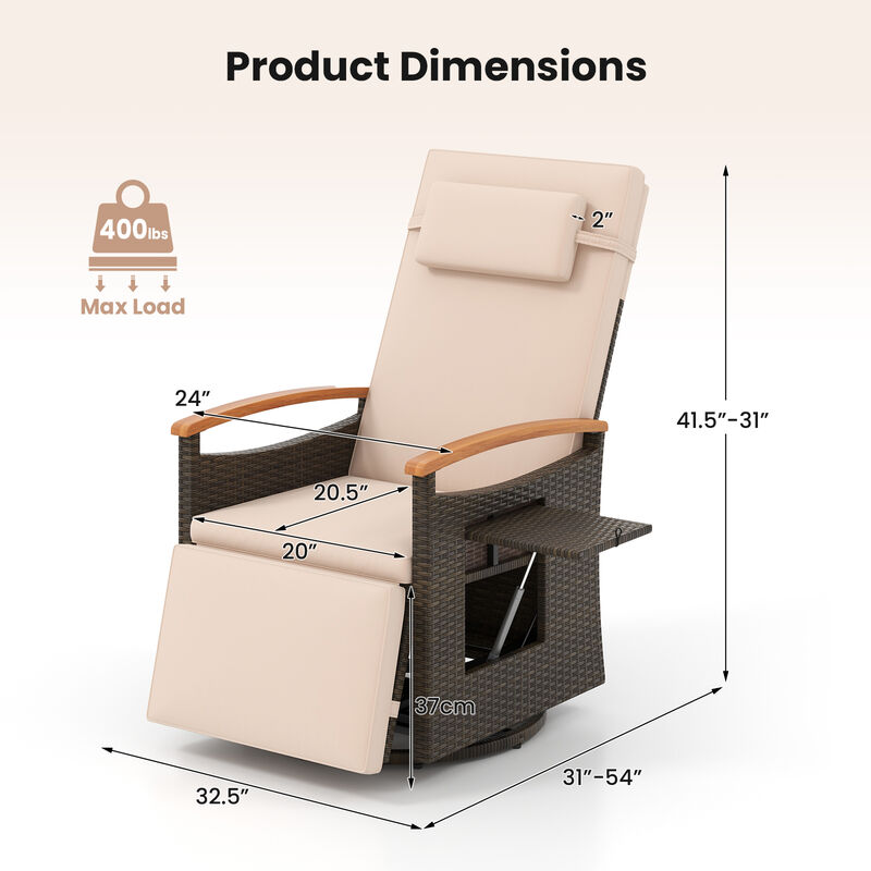 Patio Rattan 360&deg; Swivel Recliner Chair with Adjustable Backrest and Footrest