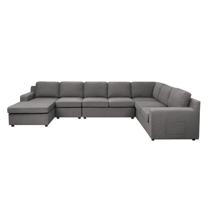 Cas Right Facing 7 Seater U Shaped Sectional Sofa Chaise, Pocket, Gray
