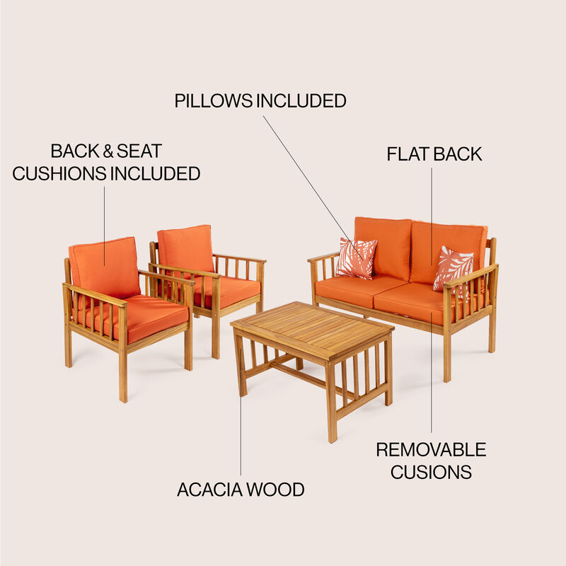 Everly 4-Piece Modern Cottage Acacia Wood Outdoor Patio Set with Cushions and Tropical Decorative Pillows
