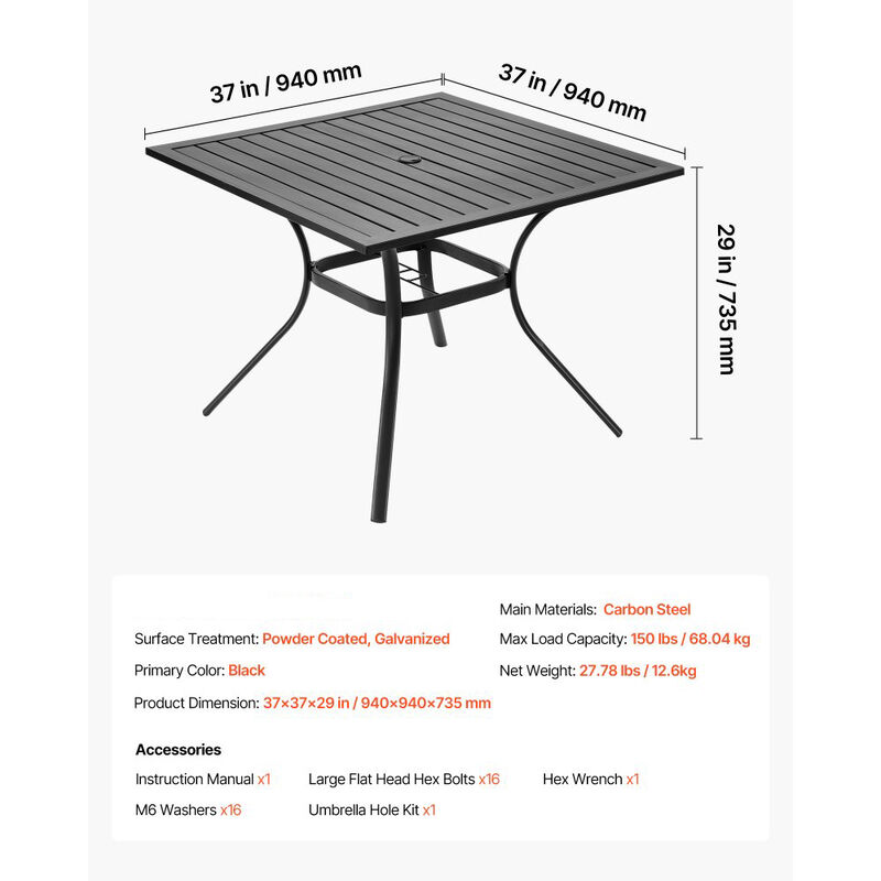 Outdoor Square Dining Table, Steel Slat Patio Table with Umbrella Hole - Black image number 2