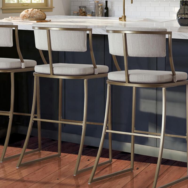 Hivvago 30 Inch Beige And Antiqued Brass Steel Low Back Bar Height Bar Chair