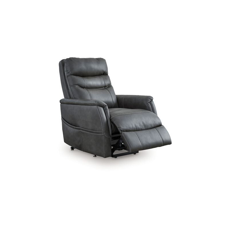 Barrett Power Lift Recliner Chair, Dark Gray Faux Leather, Pillow Back - Benzara
