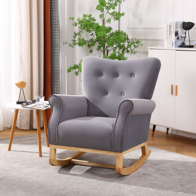 Modern Rocking Chair, Upholstered Accent Chair for Nursery, Playroom, Bedroom and Living Room, Small Contemporary Rocker, Kids Cushioned Arm Chair, Grey