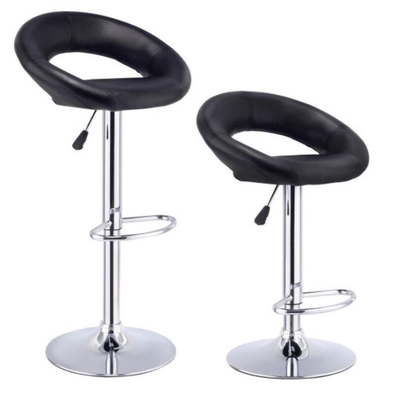 Set of 2 Adjustable Swivel PU Bar Stools-Black