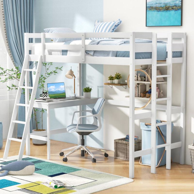 Hivvago Twin Size Loft Bed Frame with Desk Angled and Built-in Ladder
