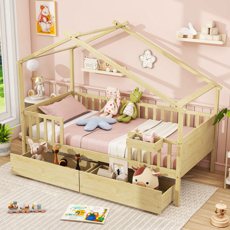 Twin Size House Bed with Roof, Fence Rails and 2 Storage Drawers image number 6