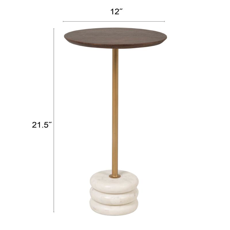 Stacked Marble Base and Mango Wood Drink Table with Gold Post, Walnut Finish image number 2