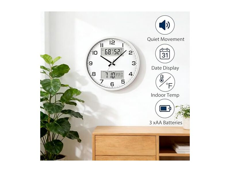 White Calendar Temperature Humidity Wall Clock 13 Inch Silent Battery Operated image number 1