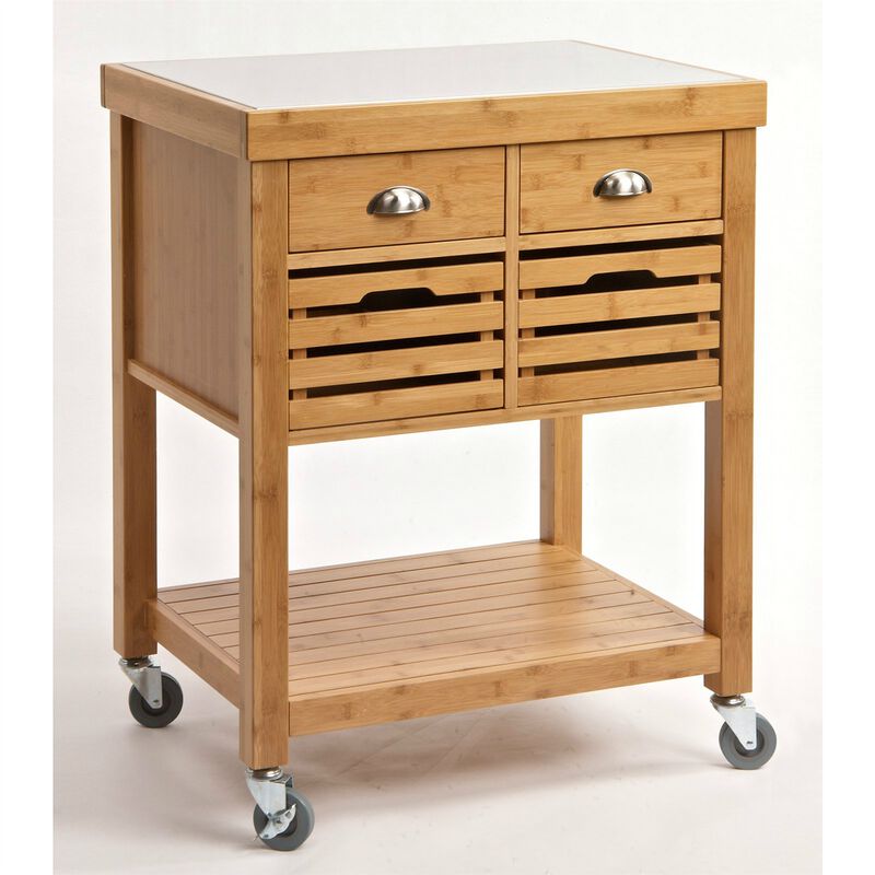 QuikFurn Stainless Steel Top Bamboo Wood Kitchen Cart with Casters