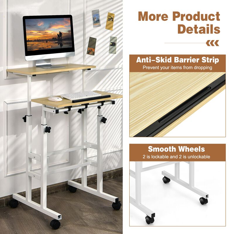 Height Adjustable Mobile Standing Desk with Rolling Wheels for Office and Home