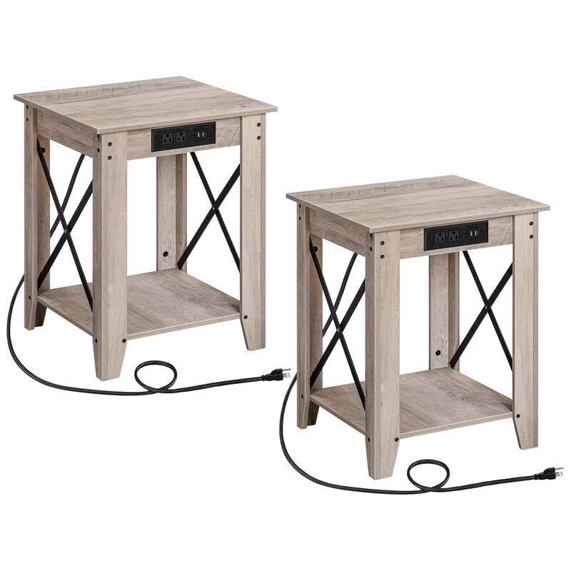 Set of 2 Industrial Side Tables with USB Charging Ports and Shelves-Greige image number 0