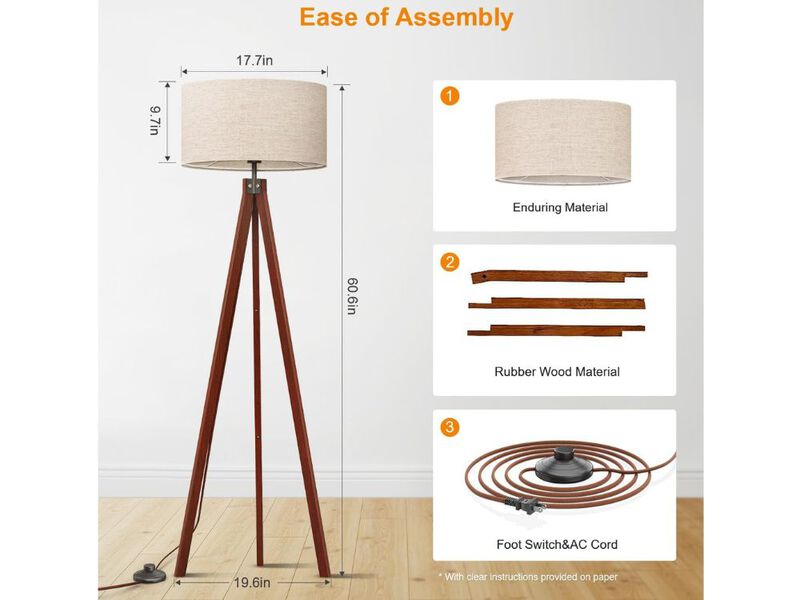 Mid-Century Tripod Floor Lamp – Wood Base, Flaxen Linen Shade, E26 Socket