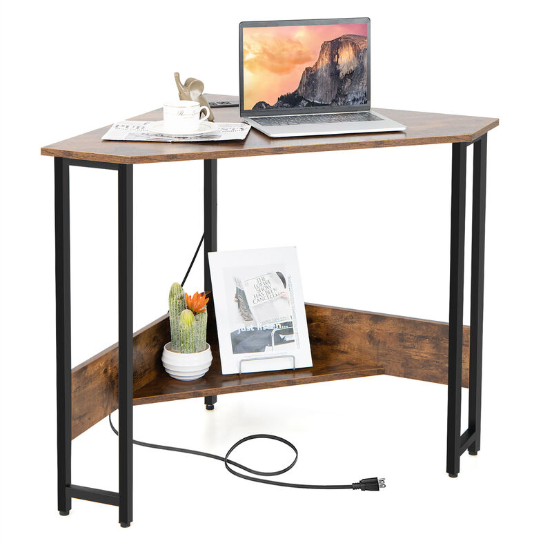 Costway Triangle Computer Desk Corner Desk Home Office w/Power Outlets USB Ports Black