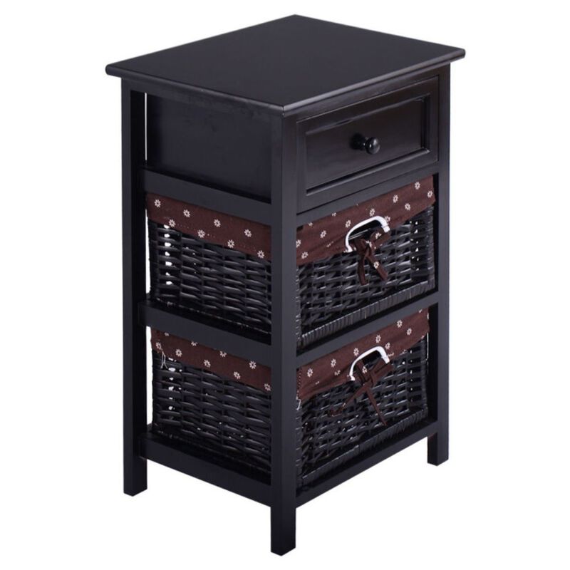 Hivago 3 Tiers Wooden Storage Nightstand with 2 Baskets and 1 Drawer - Black