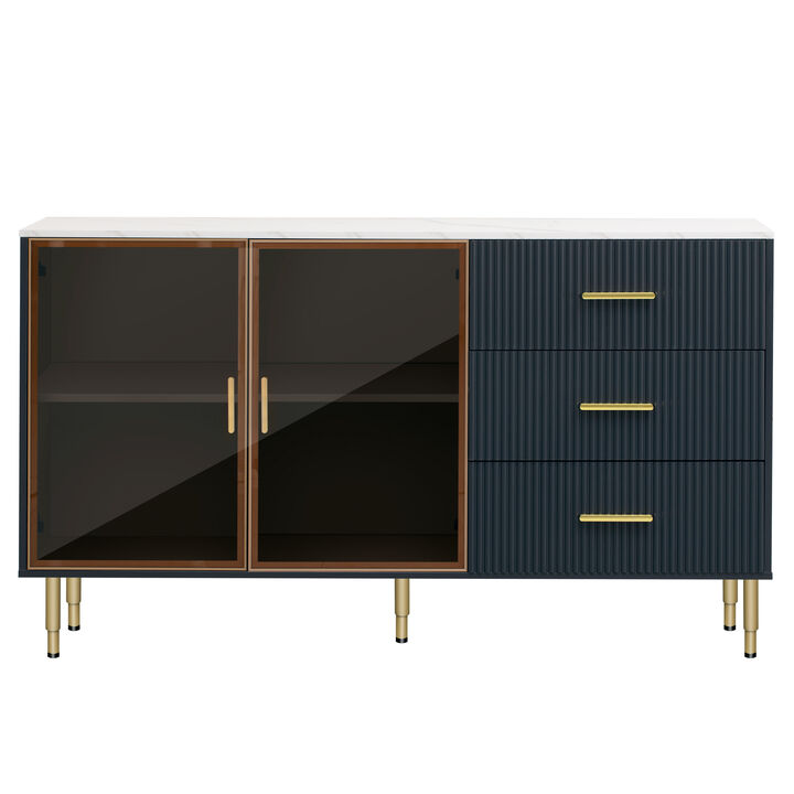 Whisen Modern Sideboard Marble Sticker Tabletop with Gold Metal Legs and Handles - Navy Blue