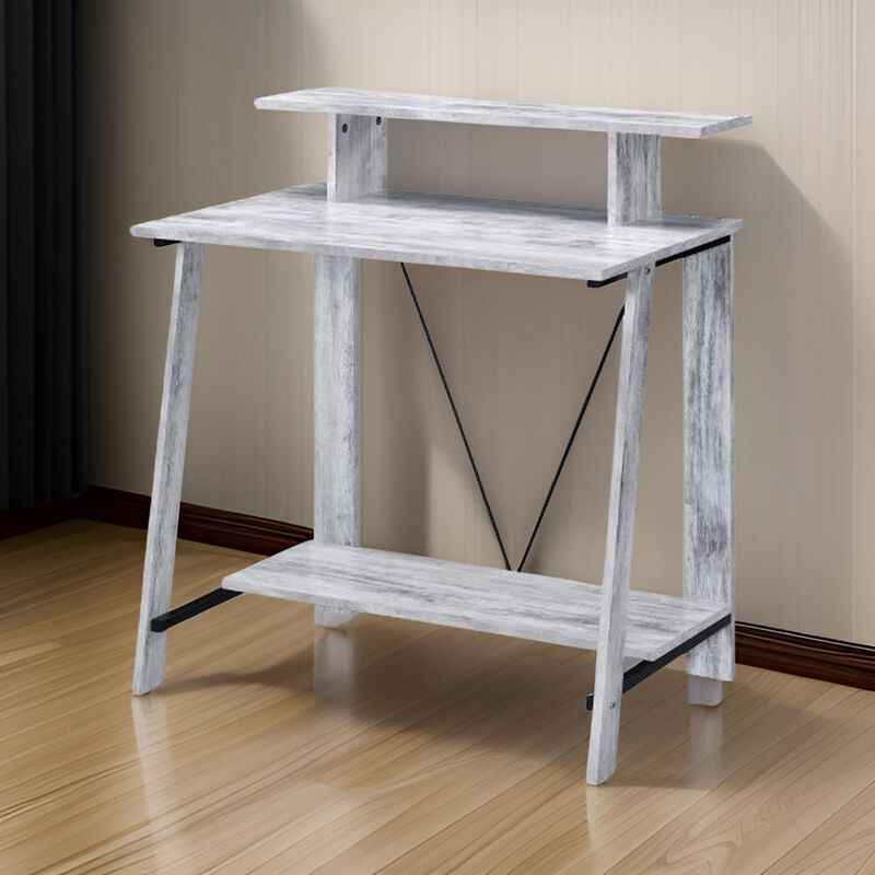 Writing Desk with V Shaped Frame, Antique White and Black - Benzara